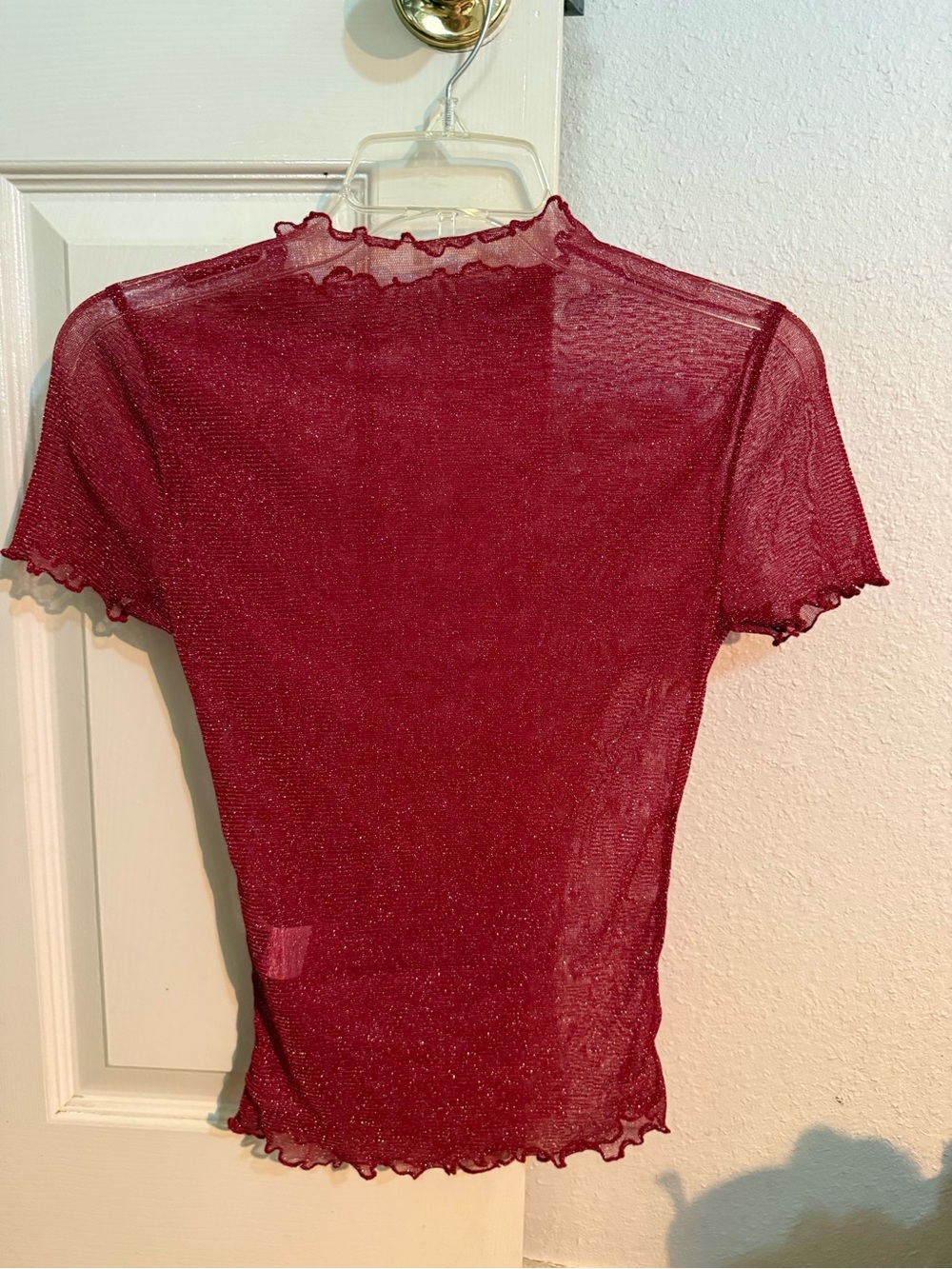 SHEIN Burgundy Mesh Ruffle Mock Neck Top